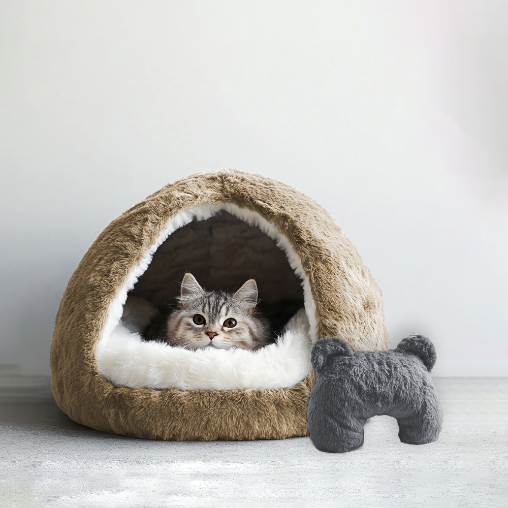 Light Coffee color cave pet bed and grey u shaped pet calming pillow