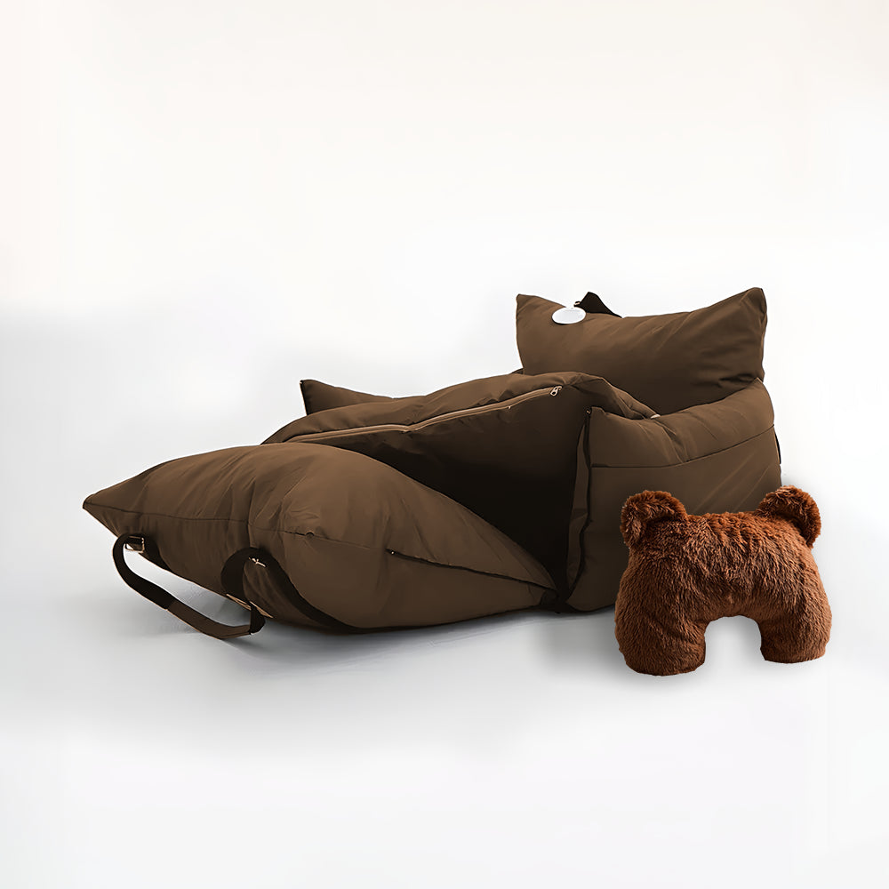 Brown dog car seat and brown u shaped pet calming pillow