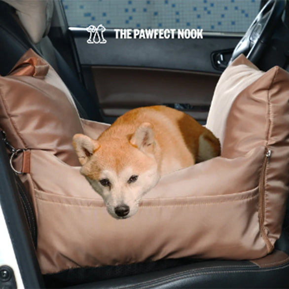 Brown dog on Pink Dog Car Seat