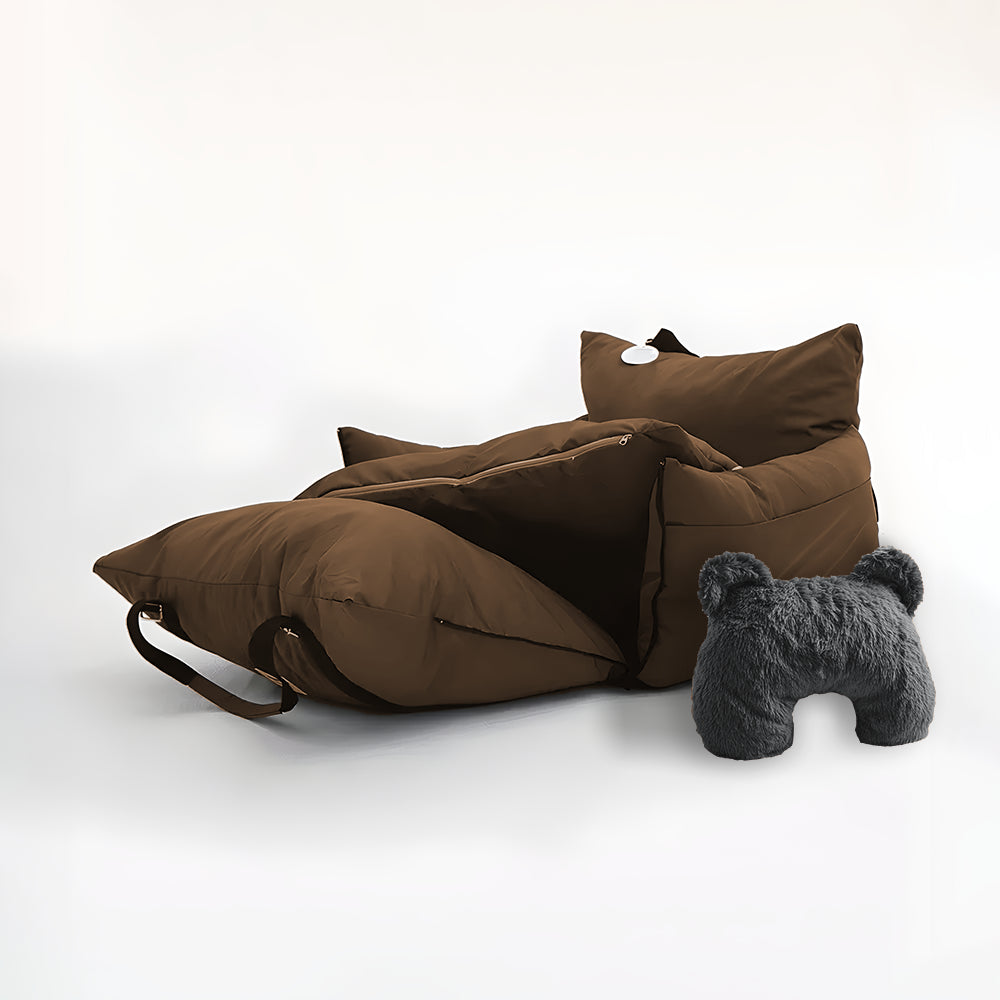 Brown dog car seat and grey u shaped pet calming pillow