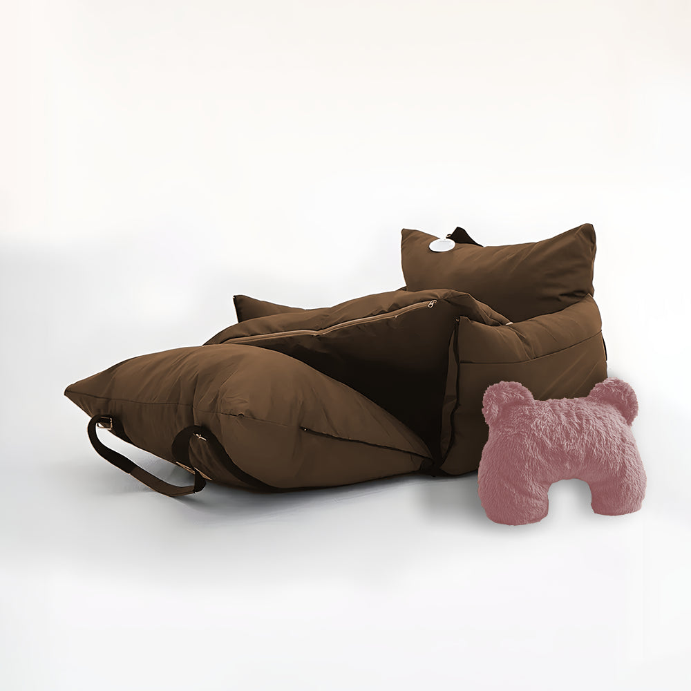 Brown dog car seat and pink u shaped pet calming pillow