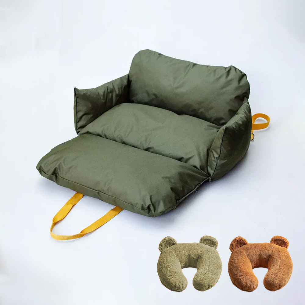 Olive green dog car seat and Two different color u shaped pet calming pillows