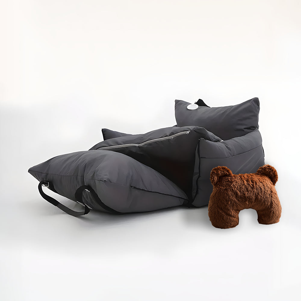 Grey Dog car seat and brown u shaped pet calming pillow