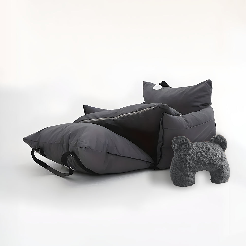 Charcoal grey dog car seat and grey u shaped pet calming pillow