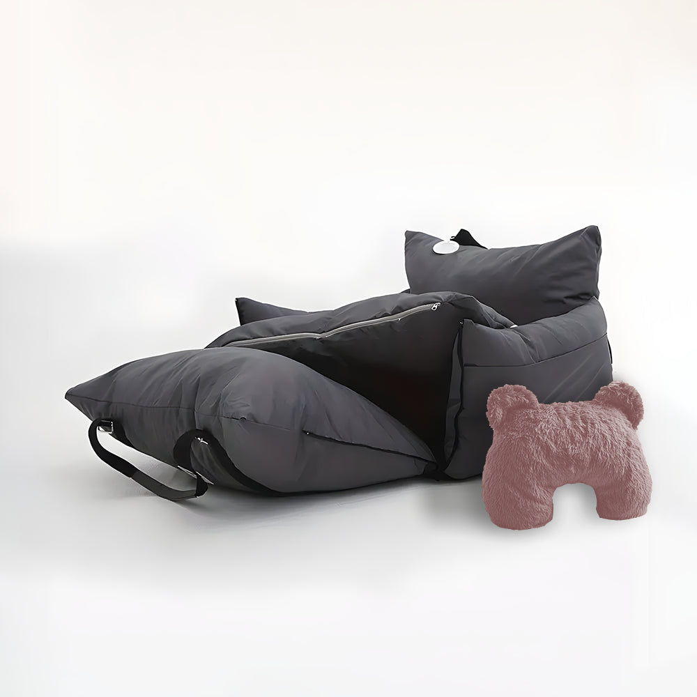 Charcoal Grey dog car seat and pink u shaped pet calming pillow