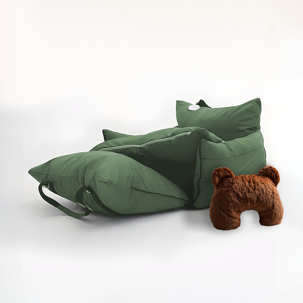 Olive green dog car seat and brown u shaped pet calming pillow