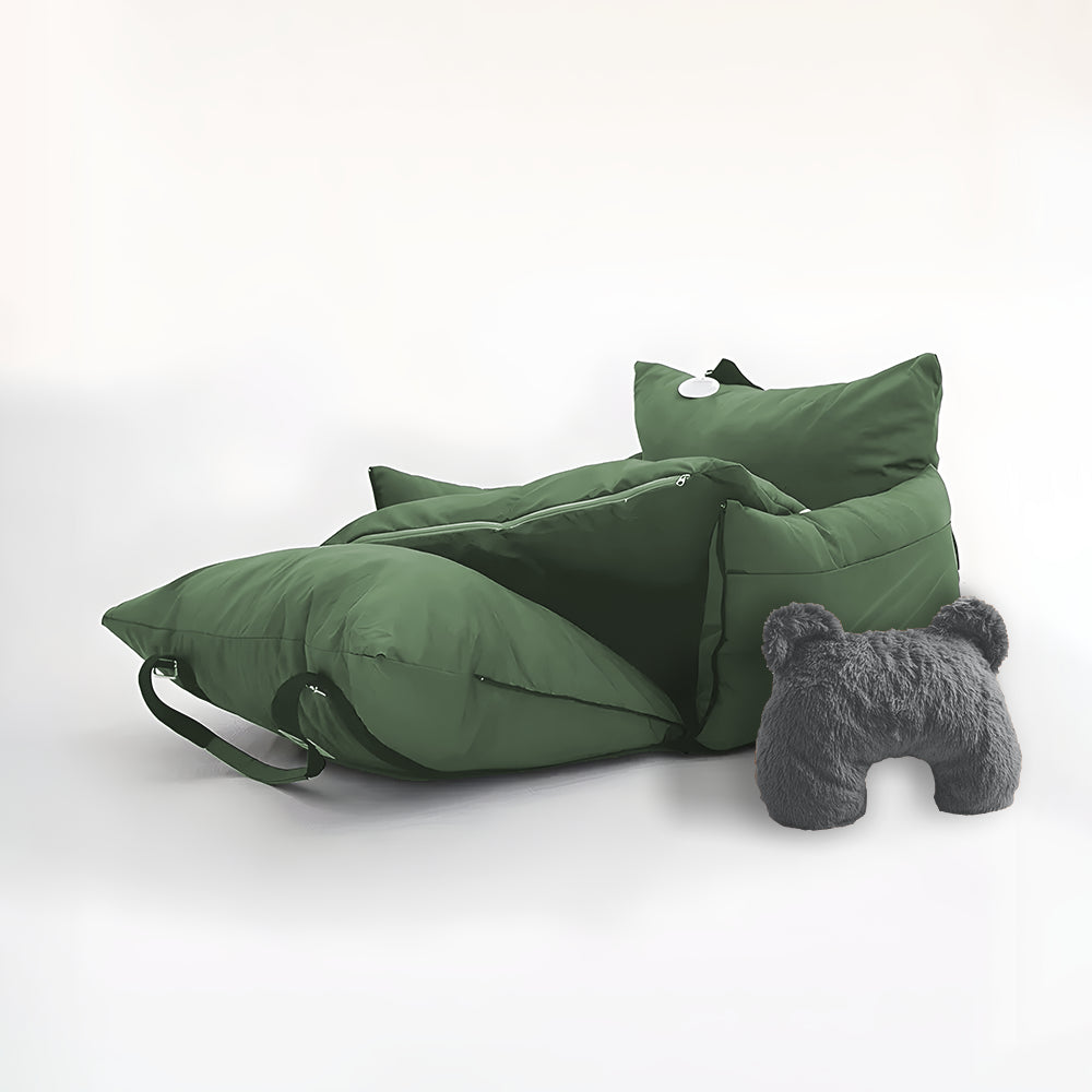 Olive green dog car seat and grey u shaped pet calming pillow