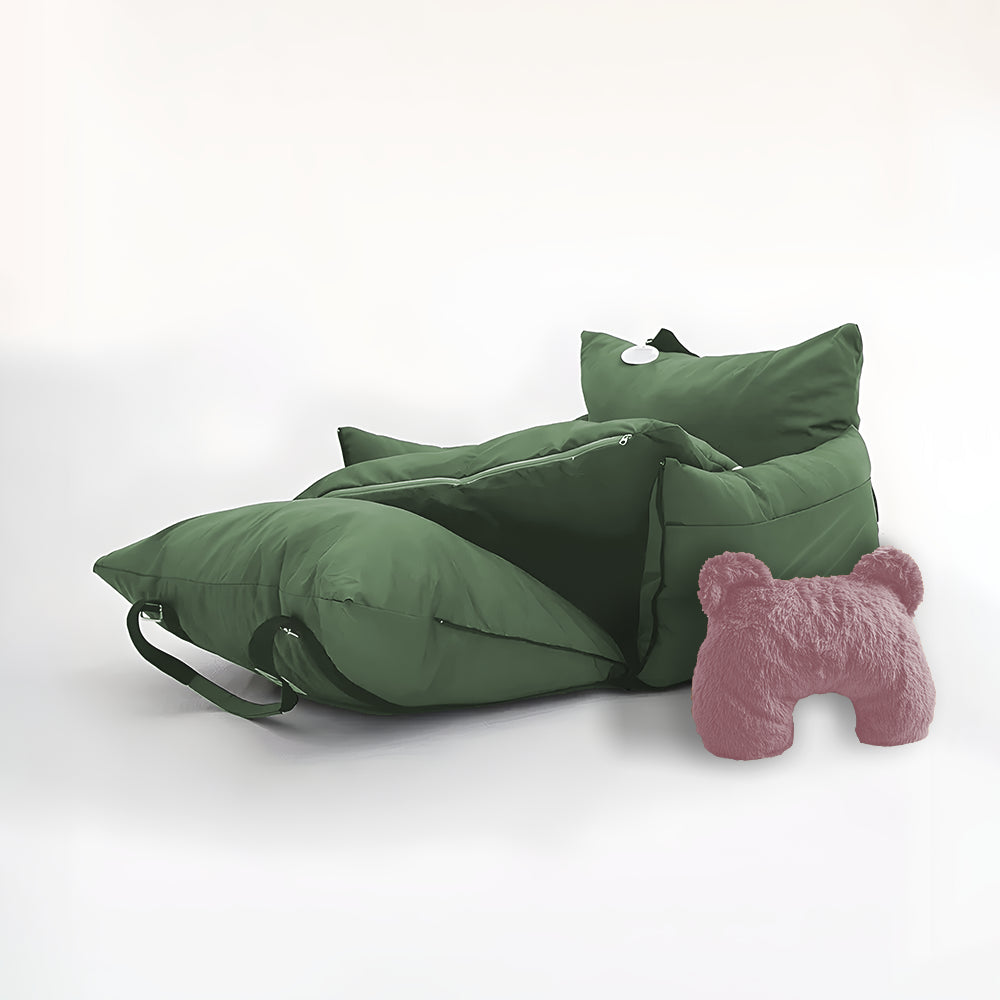 Olive green dog car seat and pink u shaped pet calming pillow