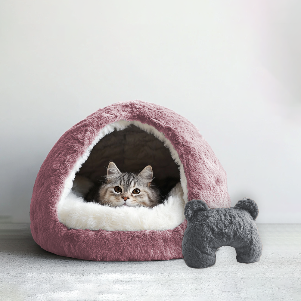 Pink cave pet bed and u shaped pet calming pillow