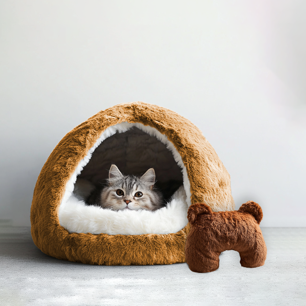 yellow cave pet bed and brown u shaped pet calming pillow